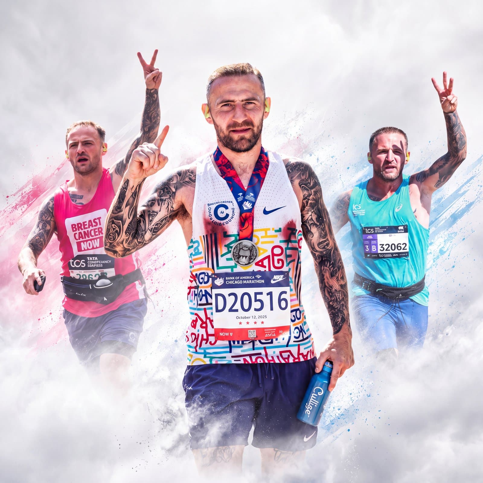 Denny Bulman at the Chicago Marathon with one finger raised for his first star, flanked by London with two fingers up and Sydney with three
