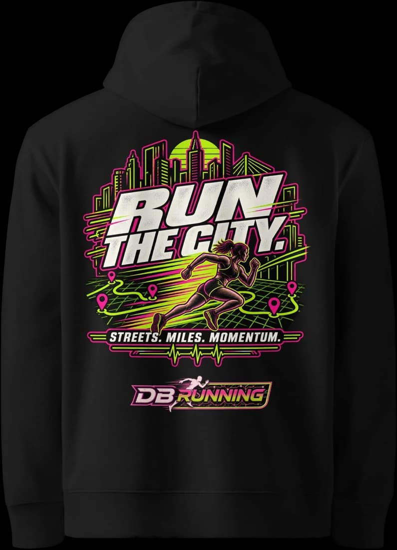 Run the City. design on the back of a black hoodie, DB Running